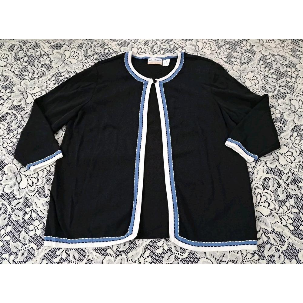 Alfred Dunner Sweater Womens 1X Black/Blue White Trim Two-Fer Cardigan Polyester
